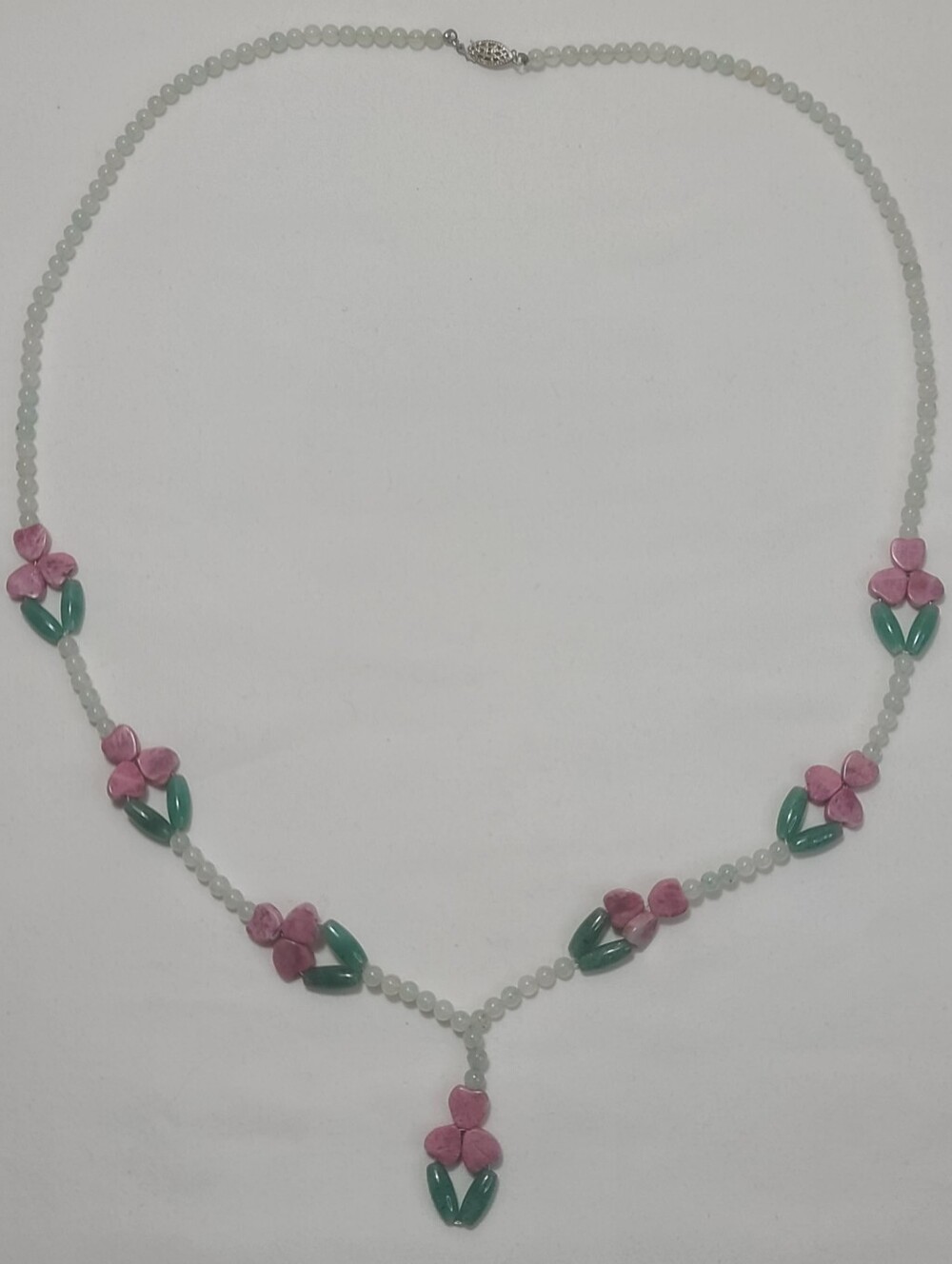 Green Jade Aventurine Pink Rhodonite Floral Heart Shape Gemstone 925 Necklace